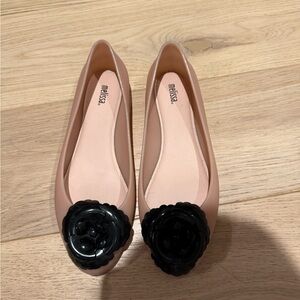 Melissa Nude Pink Ballet Flats with Black Flower Detail
